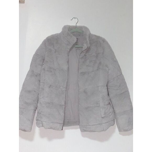 Women's Light Gray faux fur puffer jacket by Andrew Marc, size L spring wear - Picture 1 of 16
